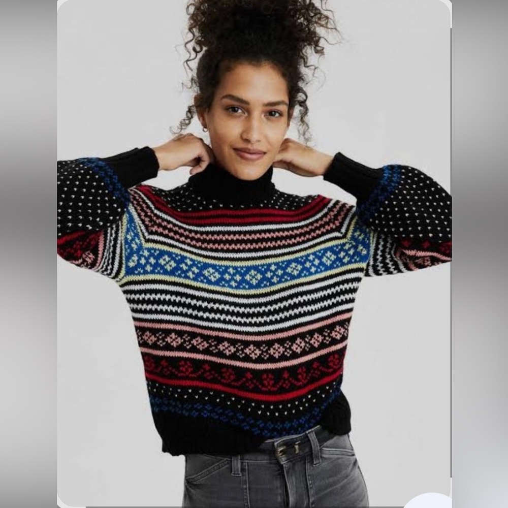 American Eagle Fair Isle Mock Neck Balloon Sleeve Sweater in Black & Rainbow